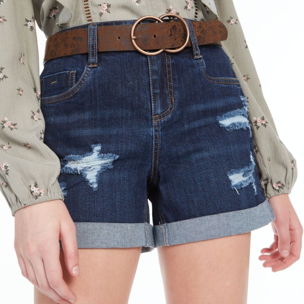 Dollhouse Blue Juniors' Distressed Belted Cuffed Denim Shorts - Size 1, MSRP$ 39